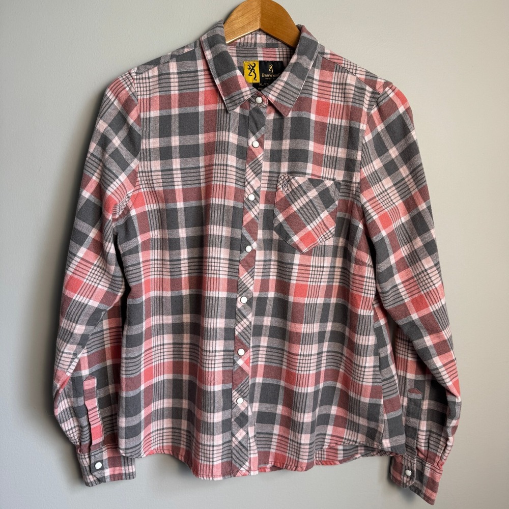 Browning Plaid Flannel Button Down Shirt Women XL Pink Gray Outdoor Gorpcore